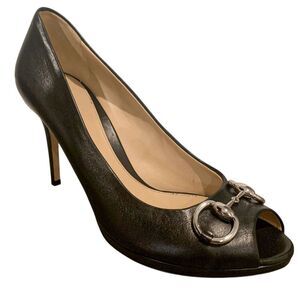 Gucci Black Nappa Leather Silver Horsebit Pumps EU 40 US 10 Peep Toe High Heels